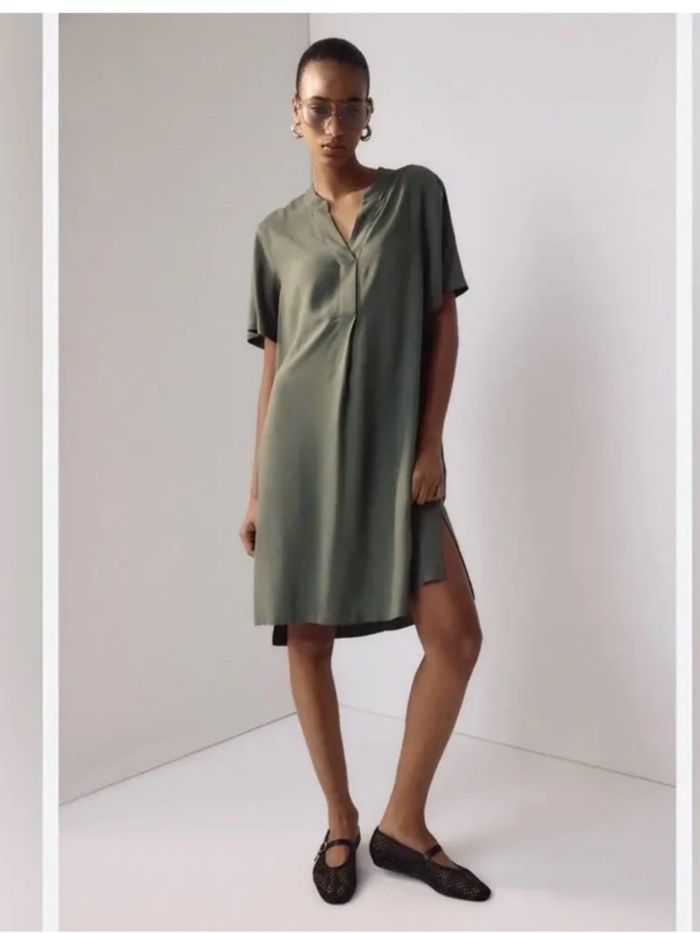 H&M Olive Green Short Sleeve Midi Shirt Dress